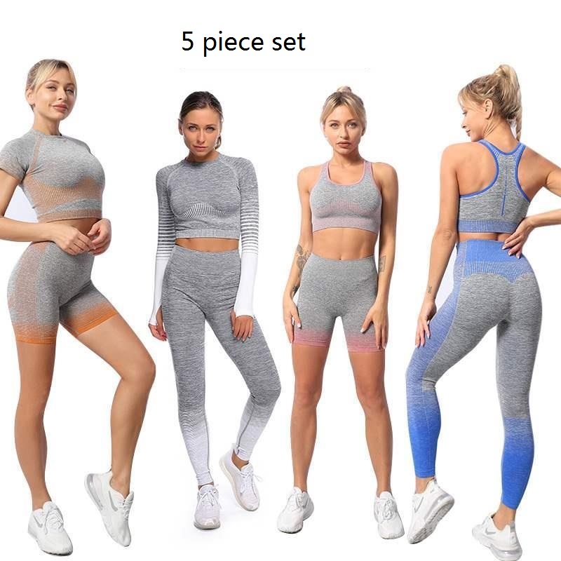 

women Tracksuits Yoga Suit Gym Sporstwear workout sets Fitness Sports Leggings girls outfits yoga align pants Fashion Womens 5 Piece set bra t shirts shorts long pant, Orange