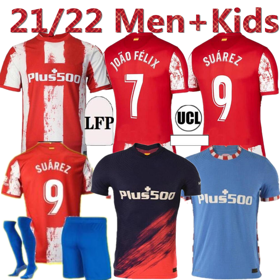 

Atletico soccer jersey SUAREZ Madrid 21 22 JOAO FELIX 2021 2022 M LLORENTE KOKE SAUL CARRASCO CORREA camiseta LEMAR football shirts Mens JOÃO FÉLIX Jersey Kids Kit, White