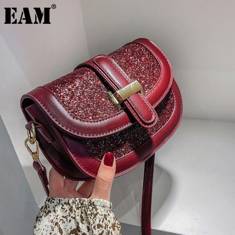 

[EAM] Women New vintage Sequined Saddle PU Leather Flap Personality All-match Crossbody Shoulder Bag Fashion Tide 2021 18A1645, Black