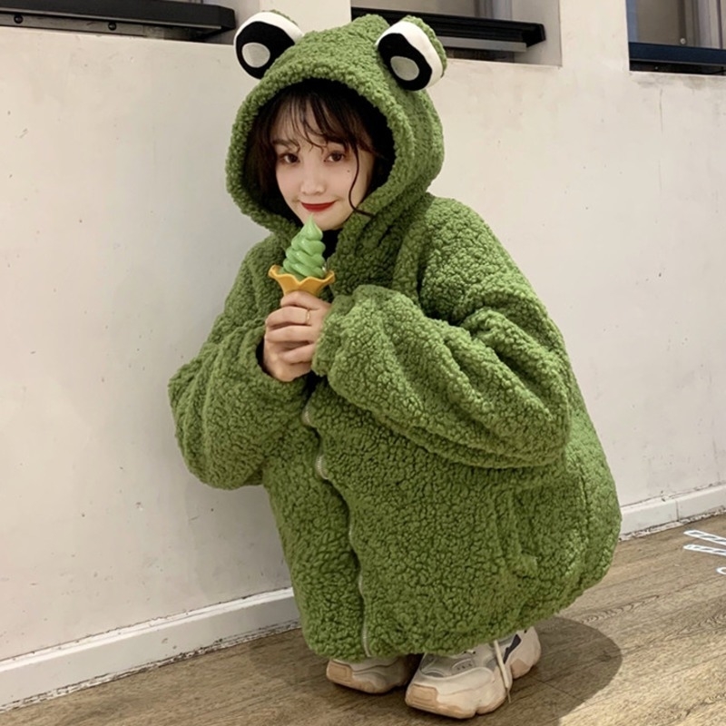 

2021 New Autumn Winter Frog Eyes Hooded Sweatshirt Zip-up Plush Fleece Oversized Hoodies Women Thicken Keep Warm Kawaii Outwear Top Dlhy, Green