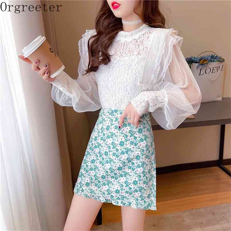 

Orgreeter Summer Sweet Girl Lace Ruffles Patchwork Shirt 2 Pieces Set and High Waist Floral Print A-line Skirt Suit 210602, Pink