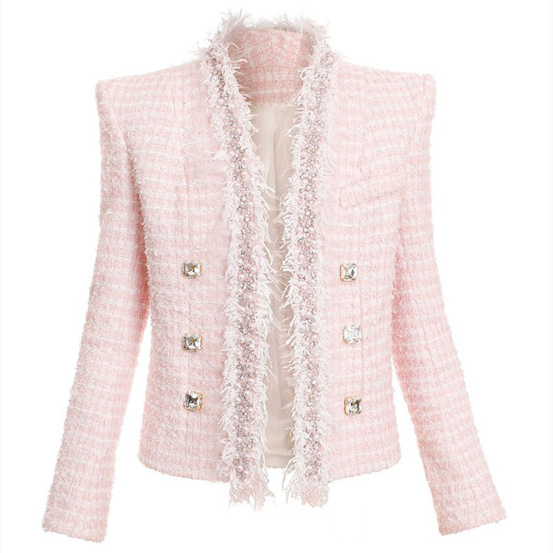 

2021 Fall Autumn Long Sleeve V Neck Pink Solid Color Tweed Beaded Rhinestone Buckles Double-Breasted Blazers Elegant Top Quality Outwear Coats 21O13202