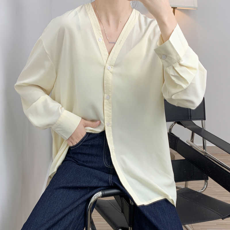 

Spring Solid Color V-neck Loose Blouse Women Simple Long Sleeve Shirt Tops for Fashion 210607, Blue