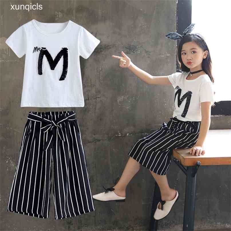 

Girls Clothing Sets Children Sequin Short Sleeve + Wide Pants 2 Piece Summer T-shirt Kids Outwear Teenagers Girl Clothes 210831, Black