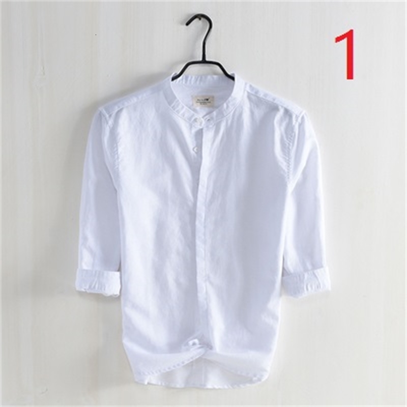 

2021 New Small Stand Collar Dark Buckle Seven-point Sleeve Cotton Men's Spring and Summer Fresh Literary Leisure Linen White Shirt U80q