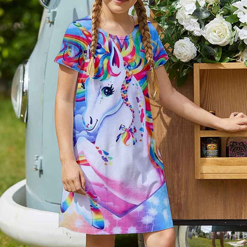 

Girls dress rainbow unicorn print dress children casual dress A-line skirt knee-length simple, elegant and colorful 5-15 years old, Red;yellow