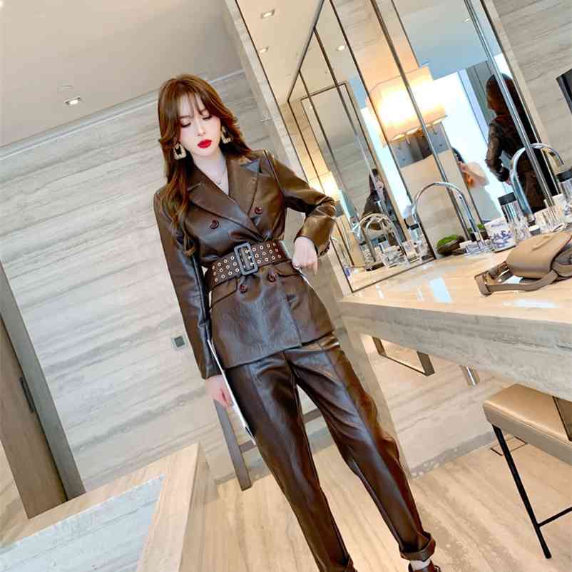 

Motorcycle leather two piece suit collar PU commuting waist windproof pants 210603, Brown
