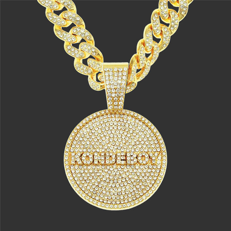 

Hip Hop Letter Jewelry New Round Tag KONDE BOY Pendant Pave Cubic Zircon Necklace With 20 Inch Miami Cuban Chain Choker X0707