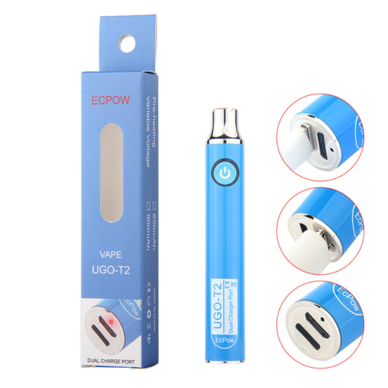 

Min.2pcs UGO T2 900mAh Vape Pens 510 Battery Dual Charger Ports 3.0V-4.0V Variable Voltage Preheating Vaporizer For Thick Oil Vape Cartridges