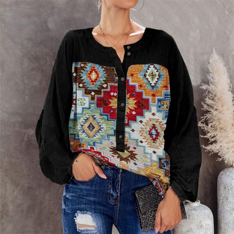 

Women's Blouses & Shirts Vintage Blouse Womens Retro Ethnic Pattern Print Long Sleeve Button V-neck Loose Tee Shirt Tops Ladies Casual, White