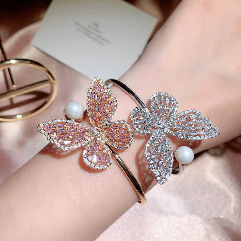 

2021 New Luxury Rose Gold Silver Color Butterfly Bracelet Bangle for Women Open Party Gift Jewelry Wholesale S6272 Q0719