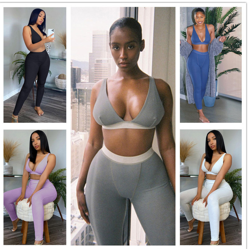 

Women Two Piece Sets Yoga Sport Pant Suits Sexy V-neck Slim Solid Color 8 Colours Summer Fashion Ladies tracksuits Outfits 2021, Gray