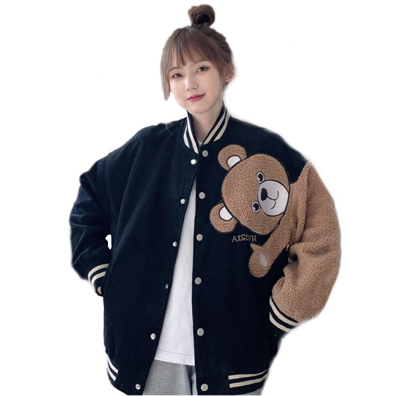 Women's Jackets Winter Loose Embroidery Jacket Women Kawaii Streetwear Cartoon Bear Flocking Patchwork Sleeves Outwear Harajuku Baseball-image-732498424