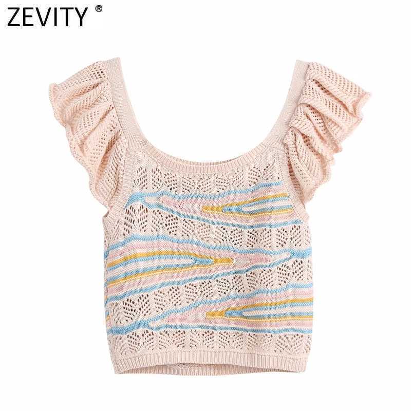 

Zevity Women Sweet Patchwork Hollow Crochet Short Knitting Sweater Ladies Ruffles Sleeveless Slim Vest Crop Pullovers Tops SW835 210603, As pic sw835bb