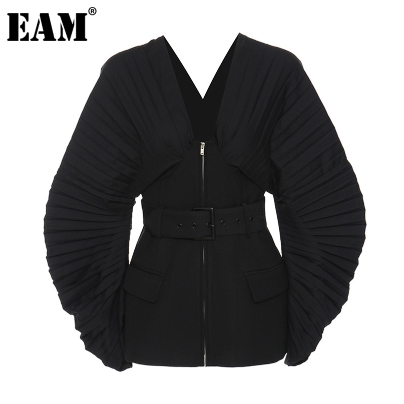 

[EAM] Women Black Pleated Belt Temperament Blazer V-collarLong Sleeve Loose Fit Jacket Fashion Spring Autumn 1DD9279 211019