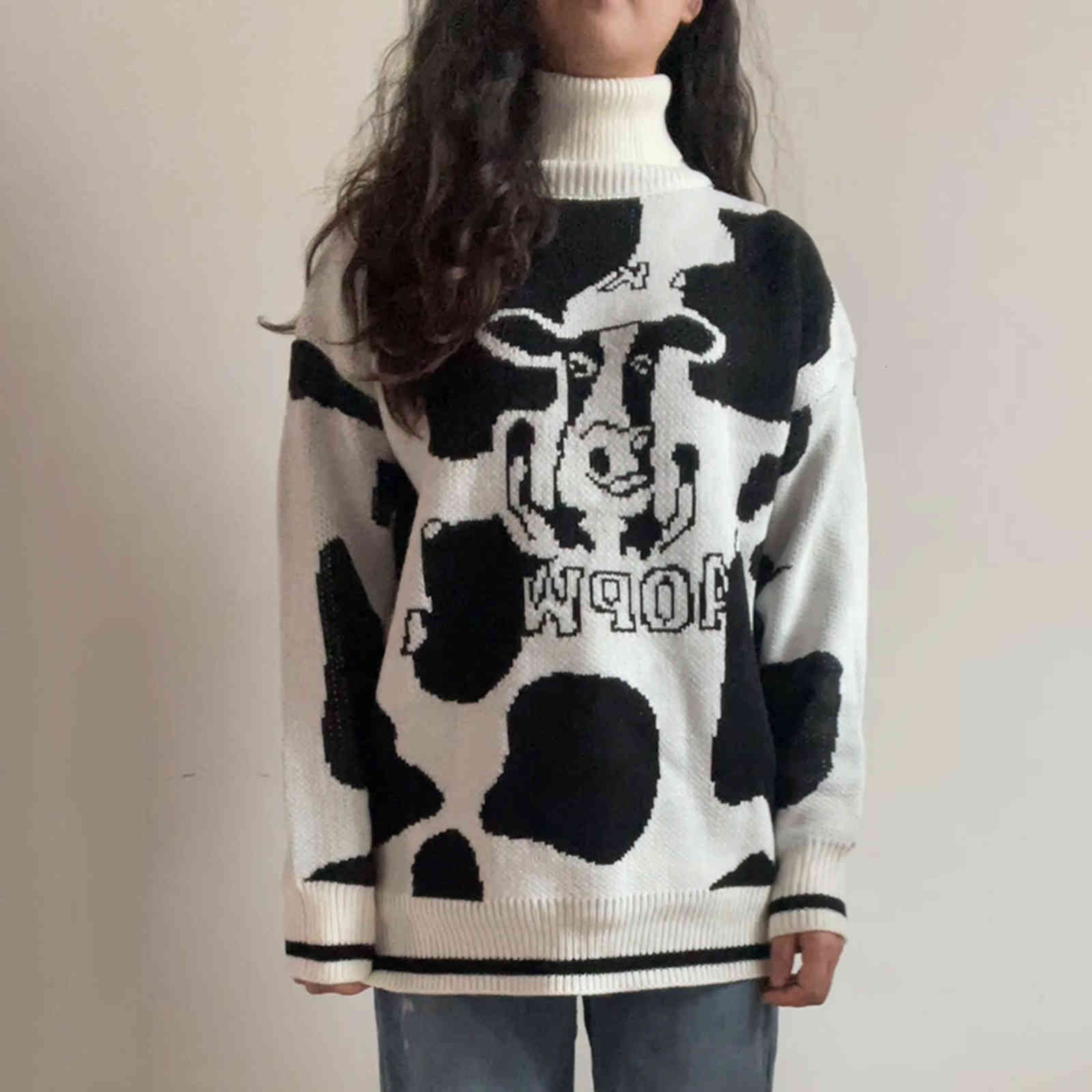 

Women's Sweaters Suéter gola alta feminino fofo de vaca impressão, pulôver outono inverno estudante versão coreana folgado selvagem tendência 5KZK, 1# shoe box