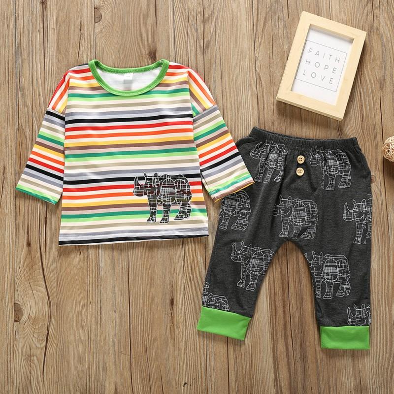 

Baby Boy Clothes Spring Autumn Casual Colorful Striped Printing Long Sleeve Top And Trousers Kids Two-piece Outfit 111, As pic