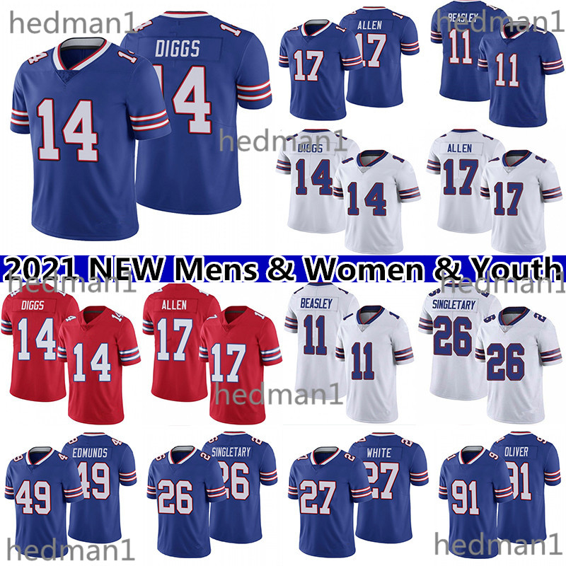 

17 Josh Allen 14 Stefon Diggs 11 Cole Beasley Football Jersey 27 Tre'Davious White Devin Singletary Tremaine Edmunds Mens women youth Jerseys, Navy blue mens