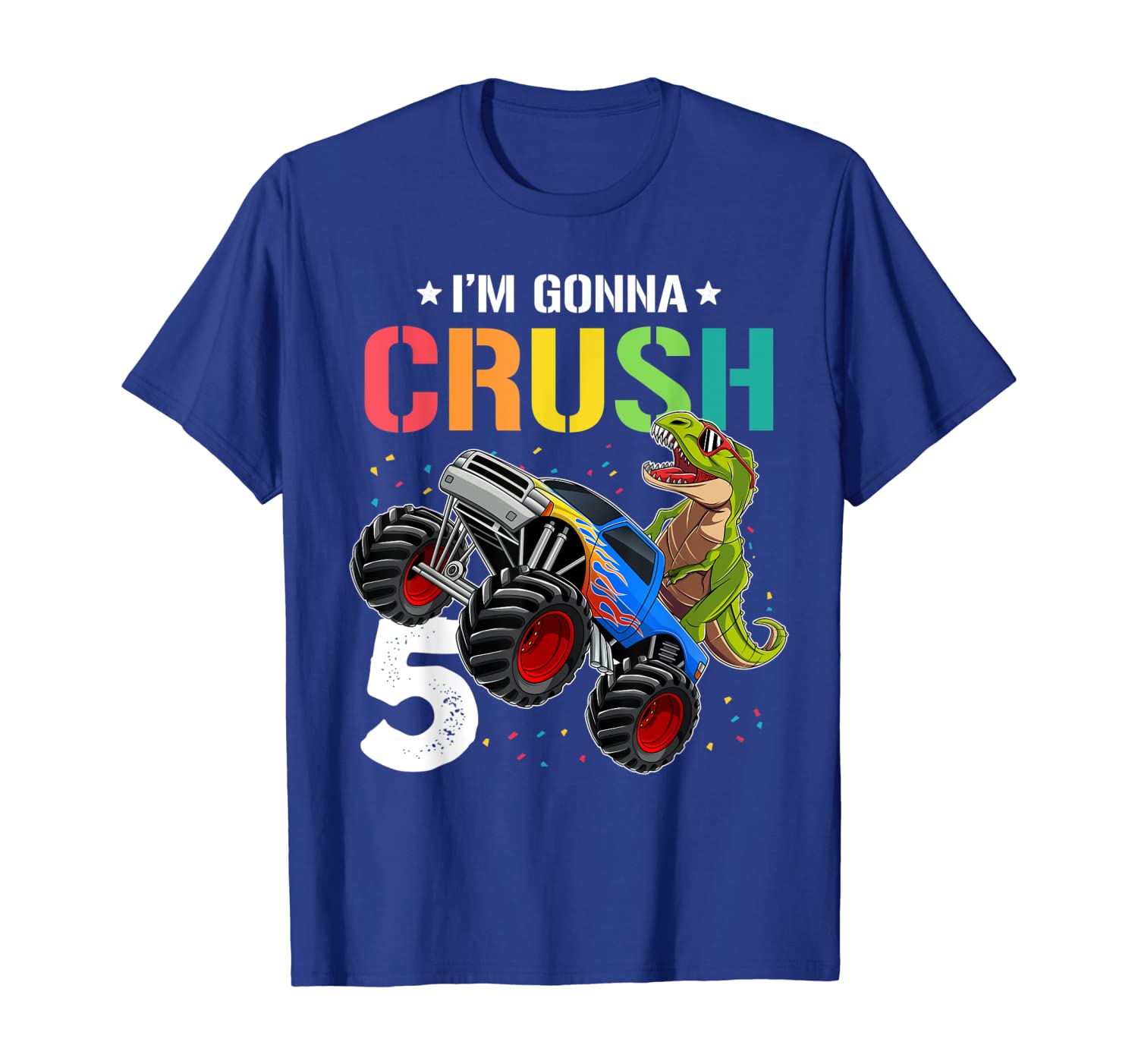 

Kids Dinosaur Monster Truck Five Years Old 5th Birthday Gift T-Shirt, White;black