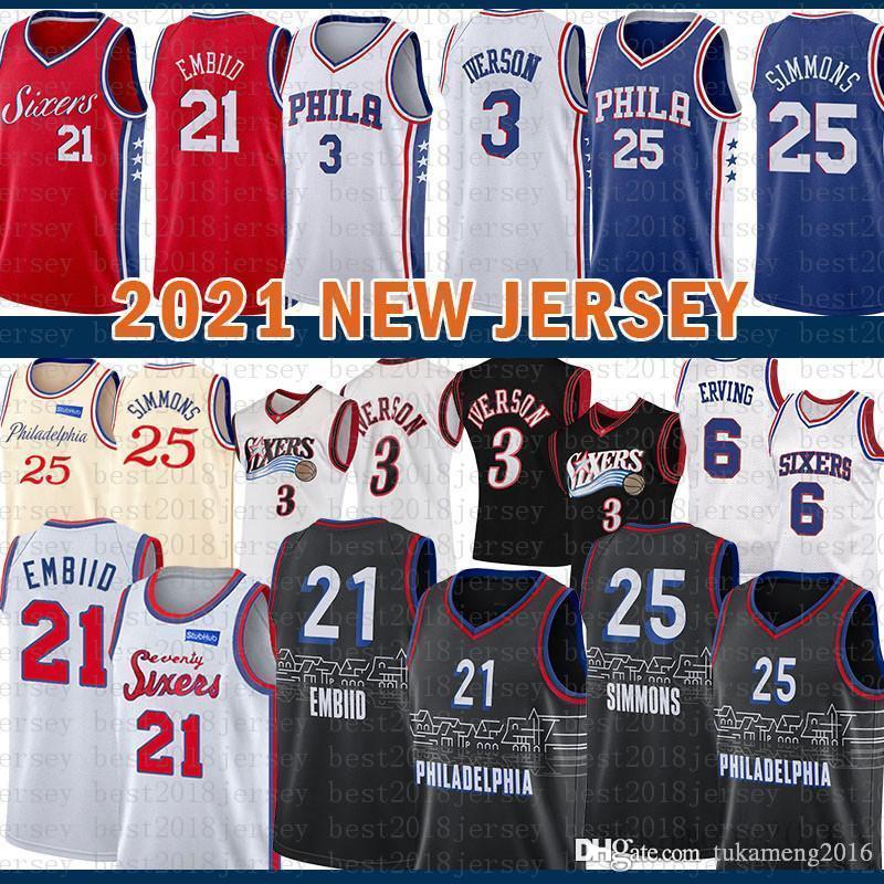 

2021 top Basketball Jersey Mens Philadelphia 76er jersey Allen 3 Iverson Joel 21 Embiid Ben 25 Simmons Julius 6 Erving Multi MENS, Black;red