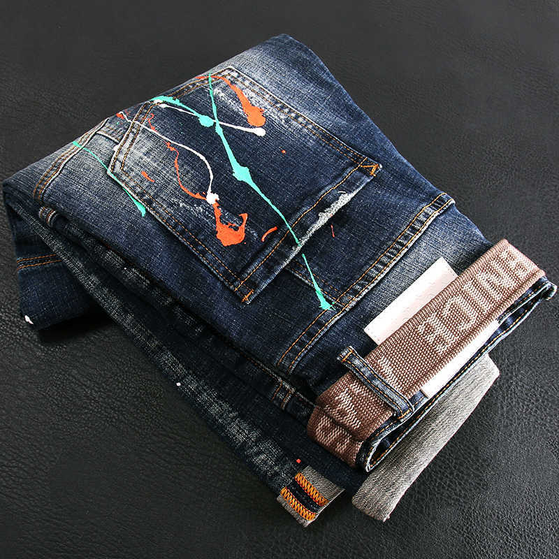 

American Street Fashion Men Jeans Retro Dark Blue Elastic Slim Fit Spliced Designer Biker Splashed Hip Hop Denim Pants 09KI