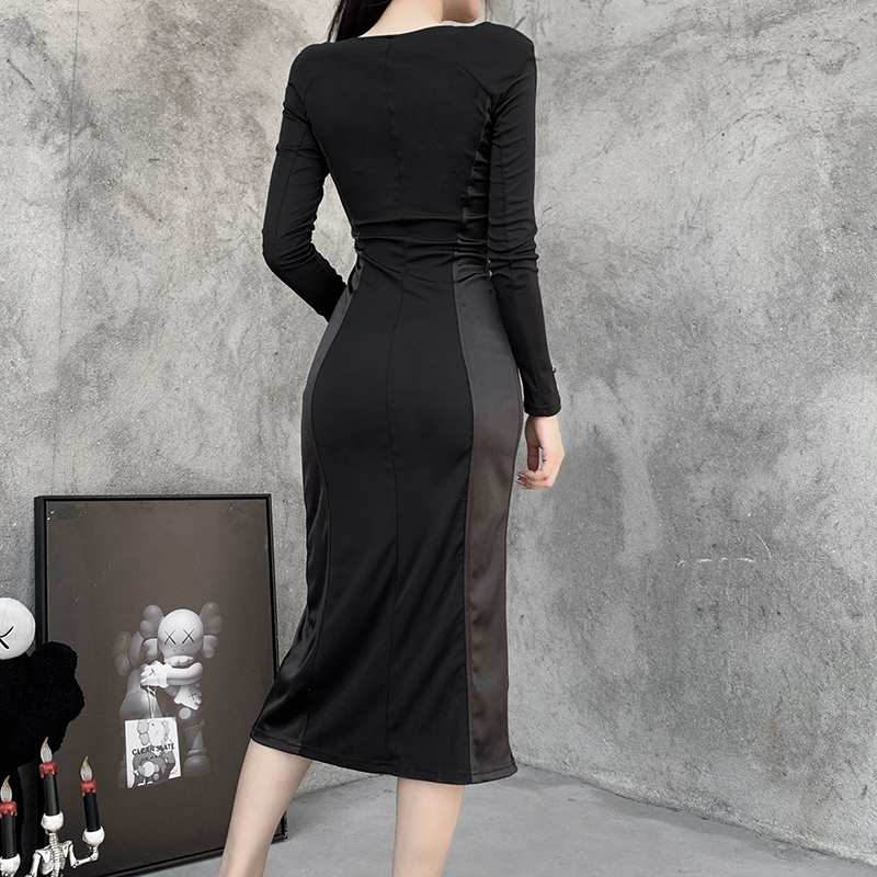 

Vintage Goth Sexy Black Slit Dress Gothic Women High Waist Bodycon Midi Dress Aesthetic Elegant Long Sleeve Party Dress, Black;gray