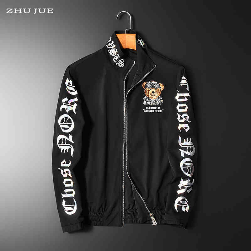 

european coat 2021 autumn winter new men's fashion brand personalized cartoon bear embroidered cardigan stand collar et, Black;brown