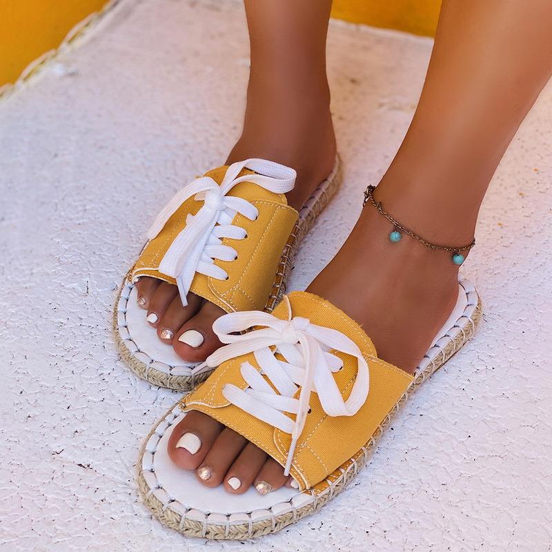 

Slippers 2021 Women Canvas Flat Slipper Woman Lace Up Ladies Peep Toe Women's Casual Female Fashion Denim Beach Shoes Plus Size, Black