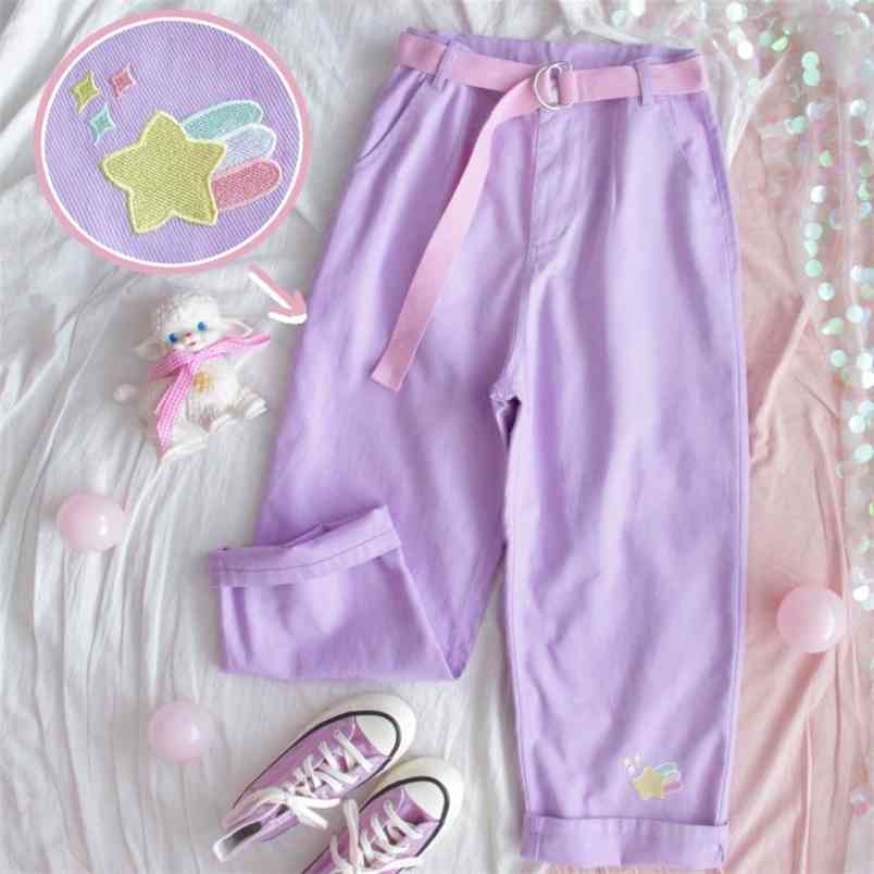 

Japanese High Waist Cute Casual Purple Jeans Korean Kawaii Girls Wide Leg Trousers Harajuku Cartoon embroidery Denim Pants Women 210708, Jeans no belt