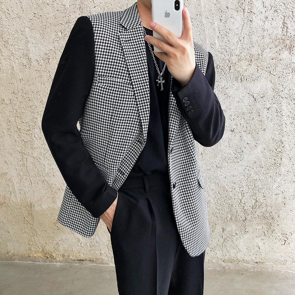 

2021 New Stylish Color Matching Houndstooth Men's Autumn Winter Black Prom Blazers for Mens Slim Fit Blazer Jacket Drvk