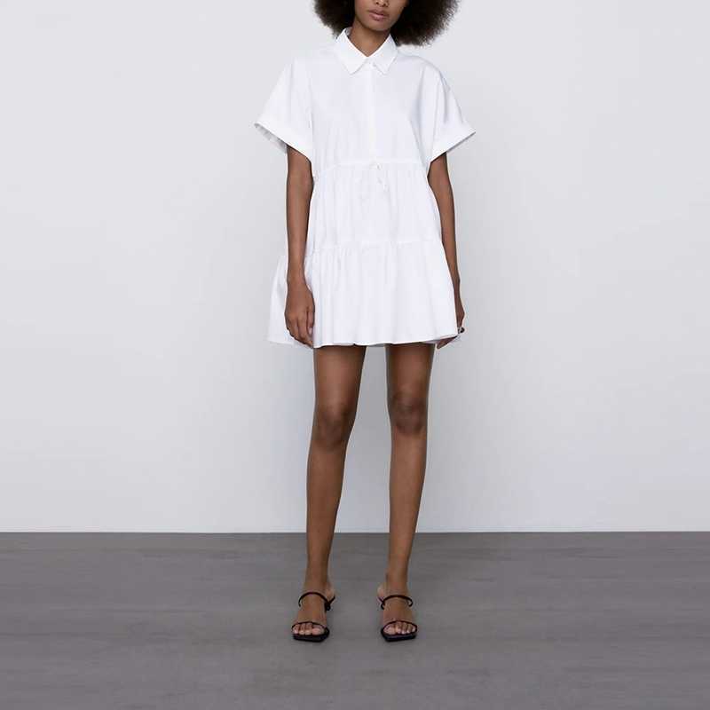 

Women Casual Short Sleeve Cotton Dress High Waist Elegant White Mini Above Knee Loose Preppy Style WB1060 210525