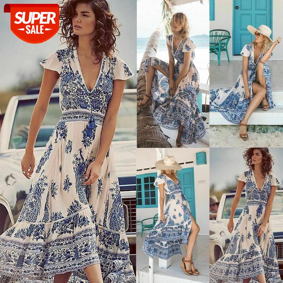 

Sexy Boho Vintage Chiffon Floral Sundress Women Summer Long Maxi Dress V neck Petal Sleeve High split Evening Party Beach Dress #x76c, Black;gray