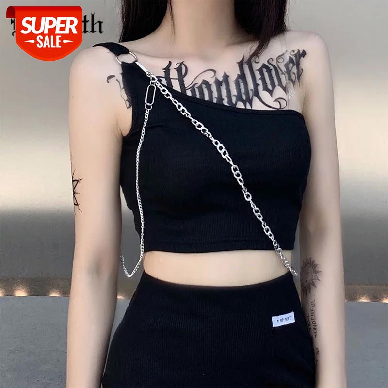 

InsGoth Streetwear Punk Black One Shoulder Tank Tops Female Hip Hop Chain Bodycon Crop Tank Tops Summer Hot Sale Gothic Camisole #Xb7k, White
