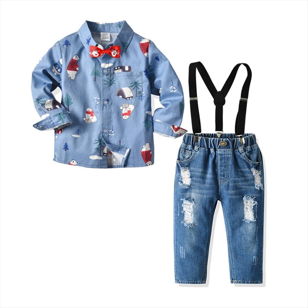 

boys spring and autumn party formal clothes baby gentleman set kids long sleeve shirt jeans 2pcs suit, White