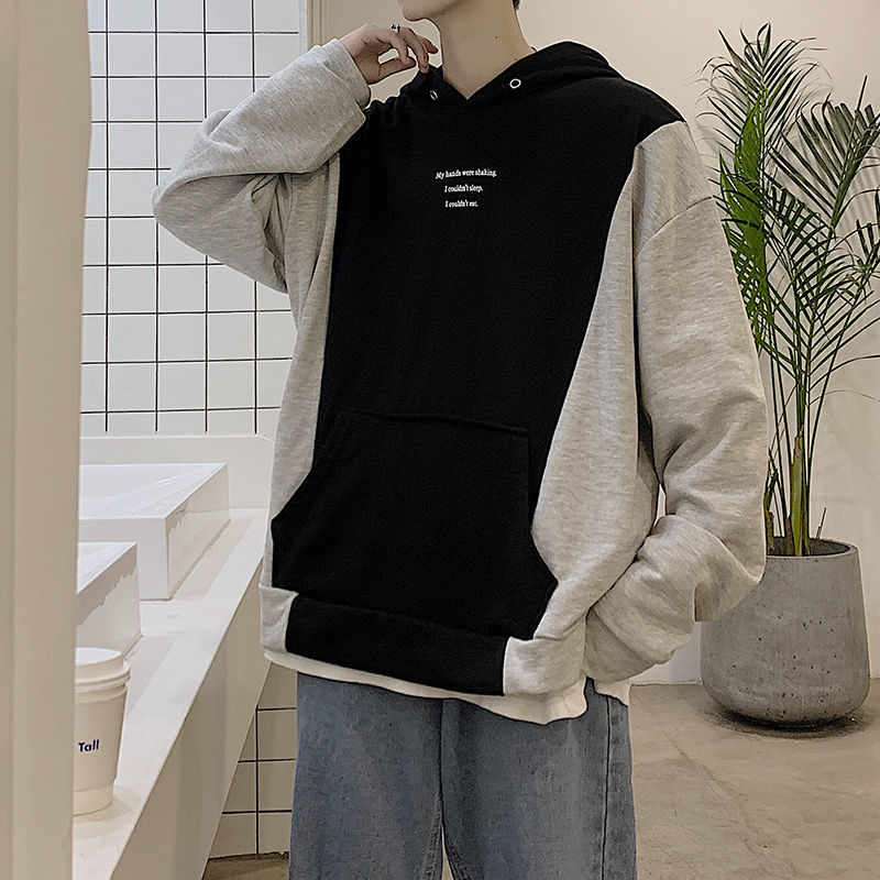 

2021 New Men's High Quality Loose Coats Cotton Clothes Hoodies Casual Stitching Color Sweatshirts Fashion Trend Pullover Size S-xl Lwl5, Grey black