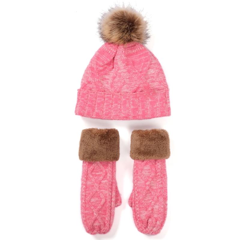 

Hats, Scarves & Gloves Sets 2 Pieces Women Winter Cable Knit Beanie Hat With Full Finger Mittens Set Thicken Thermal Plush Lined Pompom Skul