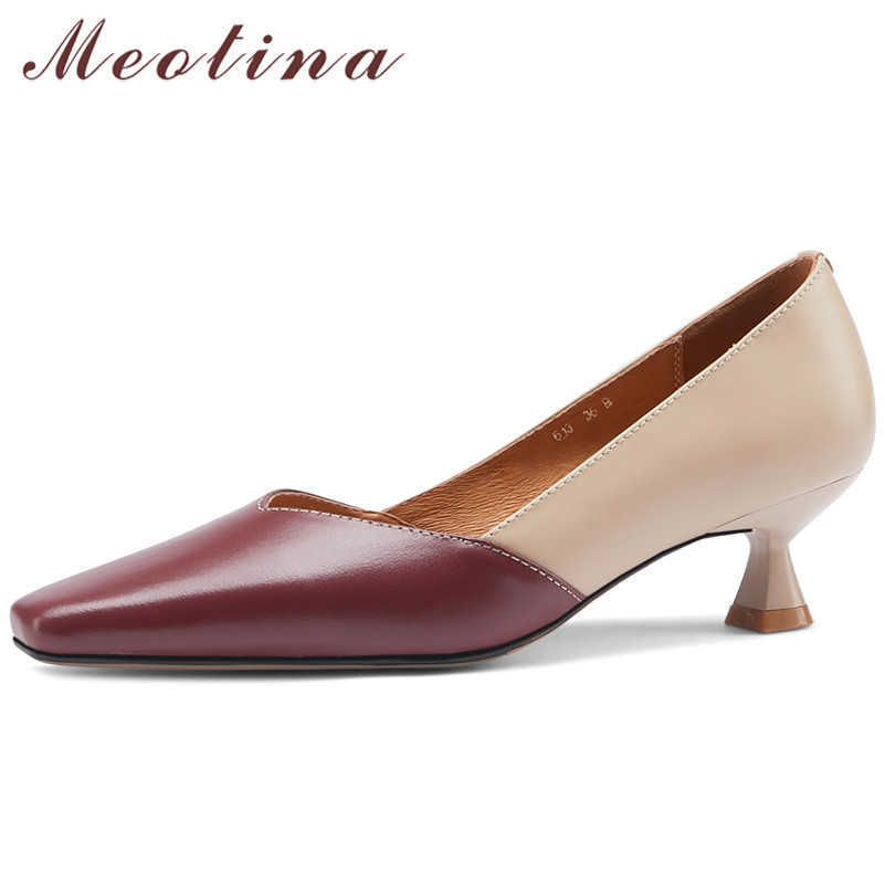 

Meotina Natural Genuine Leather Woman Shoes Square Toe Med Heels Thin Heel Pumps Cow Leather Office Ladies Footwear Apricot 43 210608