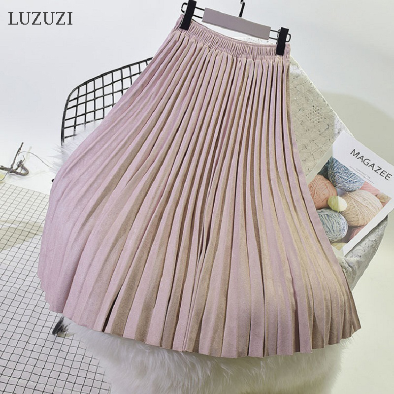 

2021 Autumn Winter New Korean Veet Pleated Suede Long High Waist Midi Skirts Women Fashion Skirt 4s0k, Black