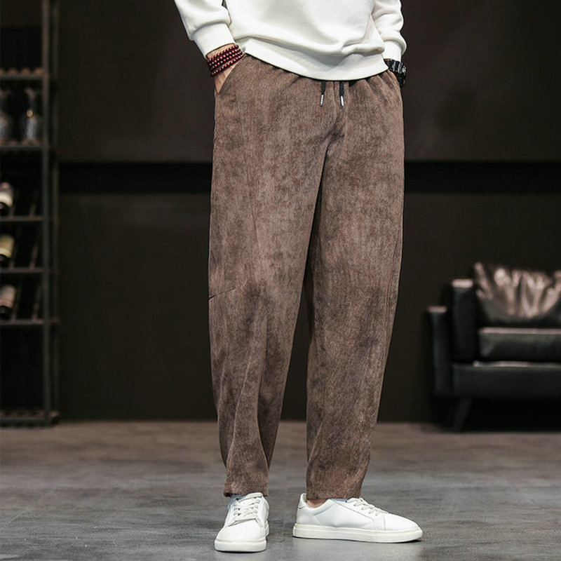 

2021 New Solid Straight Color Hare Chinese-style Slacks Down Full Length Trousers of Men Hip Hop Streetwear Men's Casual Pants 2kaw, Coffee