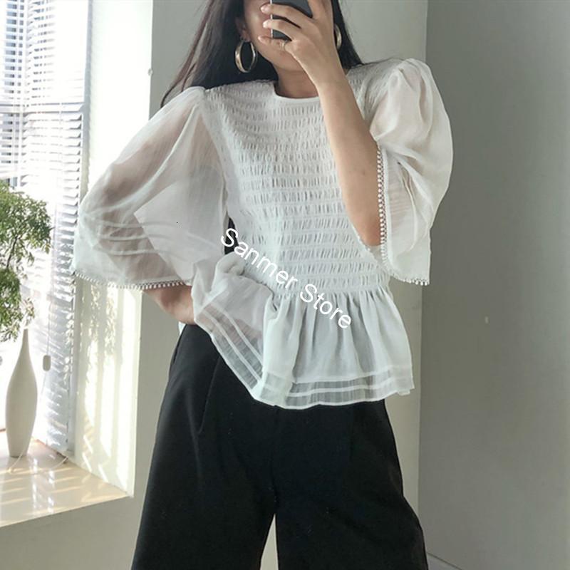 

2021 New Primavera Vero Feminino Preto Ou Branco Cor Camisa Meia Manga Elstica Plissado Cintura Babados O-pescoo Blusa Pulver Ekq2, Black