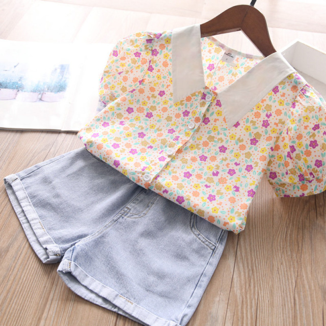 

Girls Floral Shirts+Denim Pants Outfits Summer 2021 Kids Boutique Clothing Korean 2-7T Girls Short Sleeves 2 PC Set, White