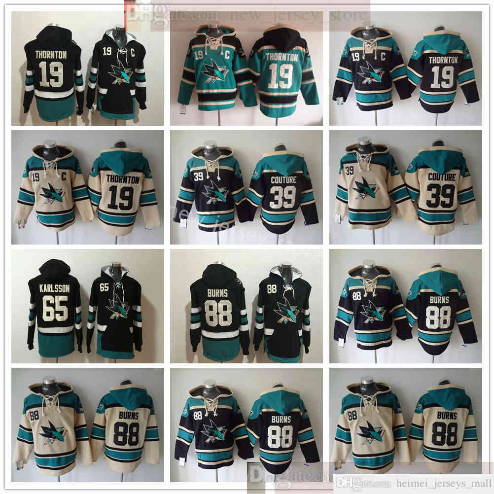 

San Jose Sharks Hockey Hoodie Jerseys 19 Joe Thornton 39 Logan Couture 65 Erik Karlsson 88 Brent Burns Black Blue Beige Hoodies Jersey, Blue;black