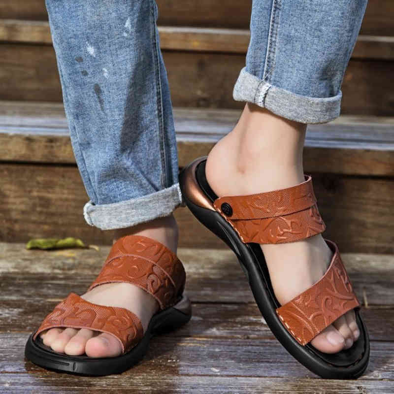 

slippers summer men's shoes casual fashion leather impression of classic plutonium simple toe open comfortable selling warm sandals ks0, Black