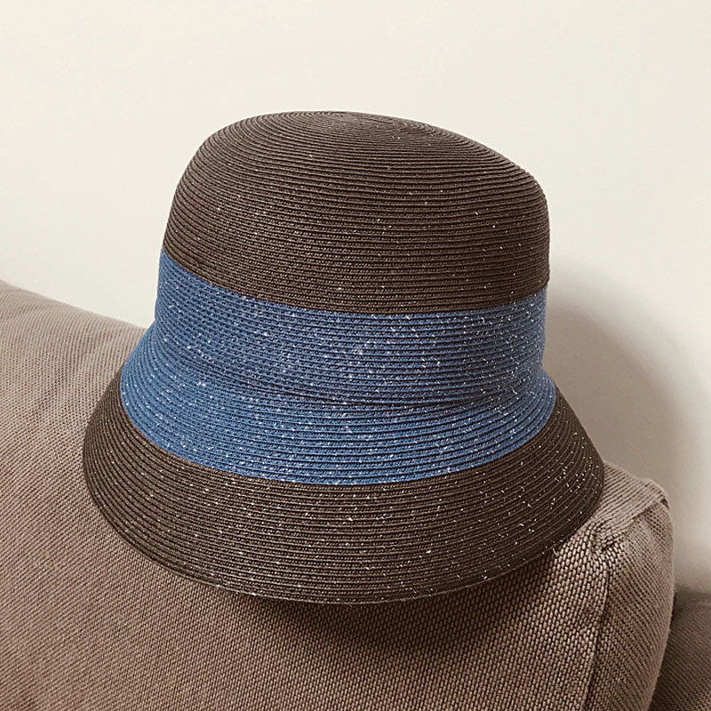 

2021 New Summer Crochet Raffia Black Navy Coffee Khaki Patchwork Natural Straw Brim Sun for Women Ladies Uv Bucket Hat 8zbd, Black and navy