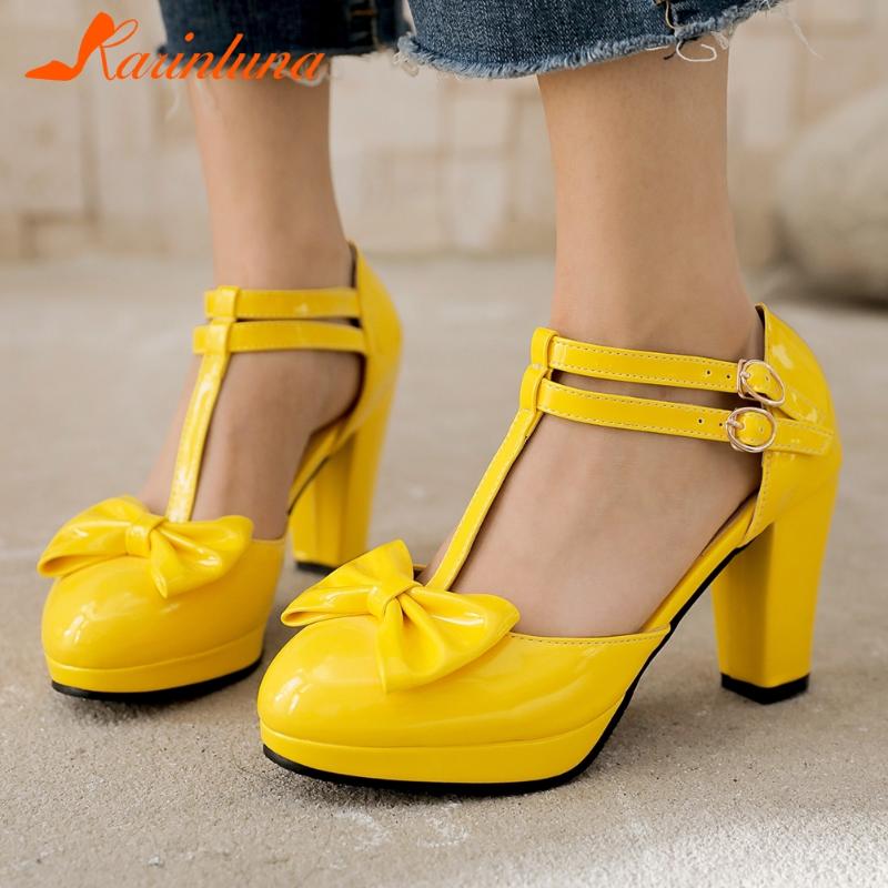 

Karinkuna On Sale Plus Size 33-48 Women Shoes New Trendy T-straps butterfly-knot Chunky Heels Platform Lolita Sweet Girls Pumps, Black