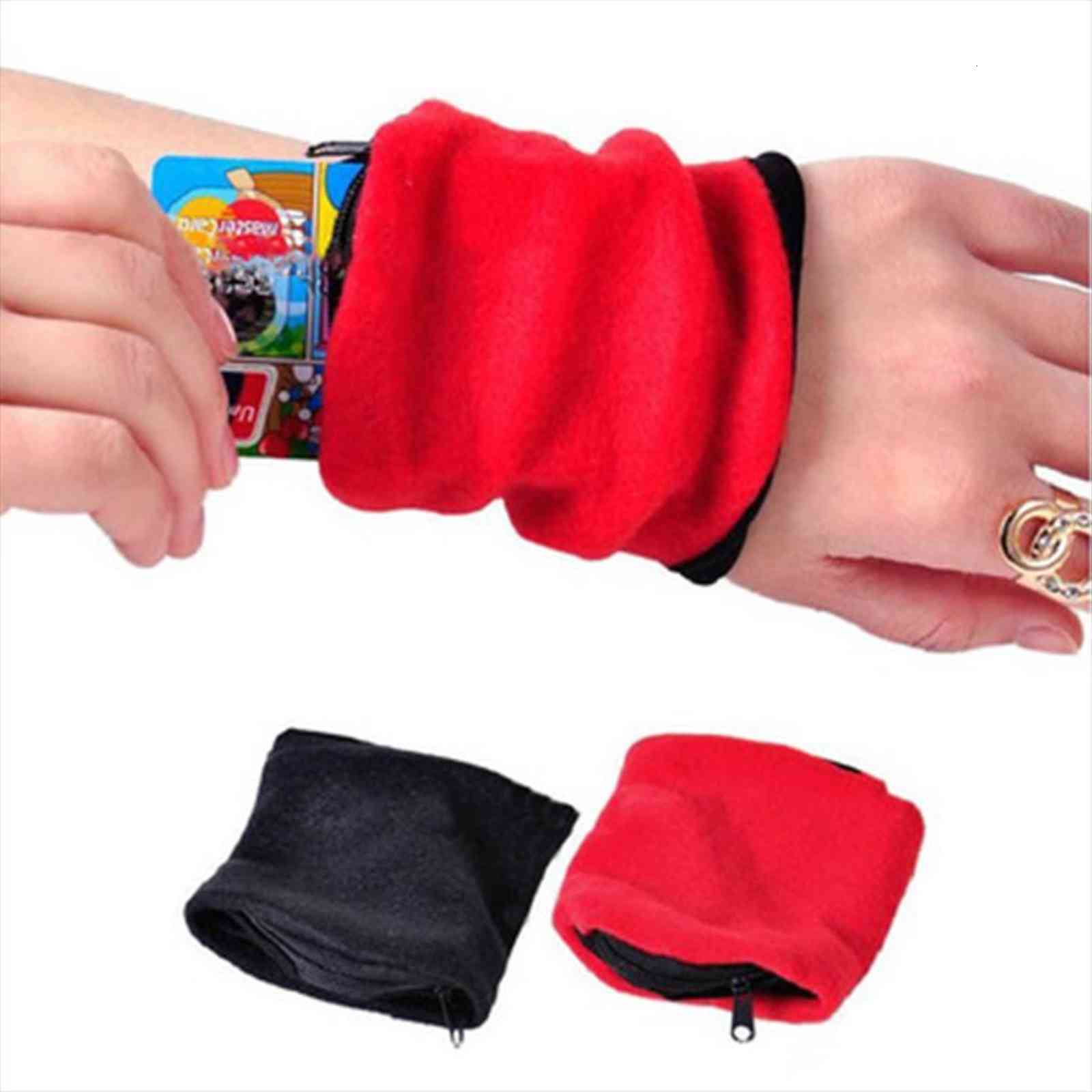 

mini men women wrist wallet pouch band fitness sports zipper wristband running gym cycling safe coin purse cotton bag, Red;black