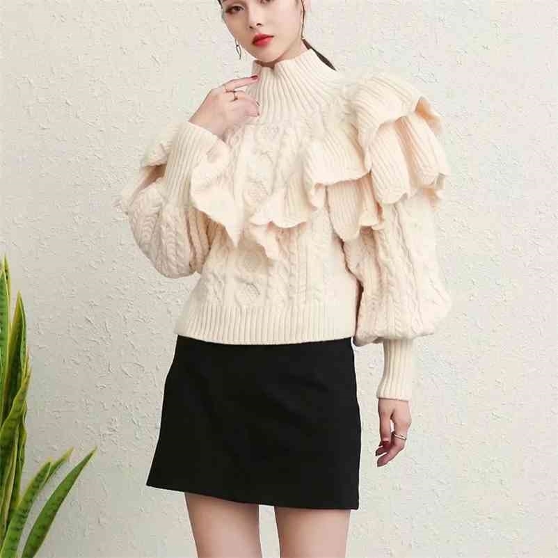 

Spring Sweater Round Neck Loose Fungus Lace Lantern Sleeve Short Pullover 210524, Ivory