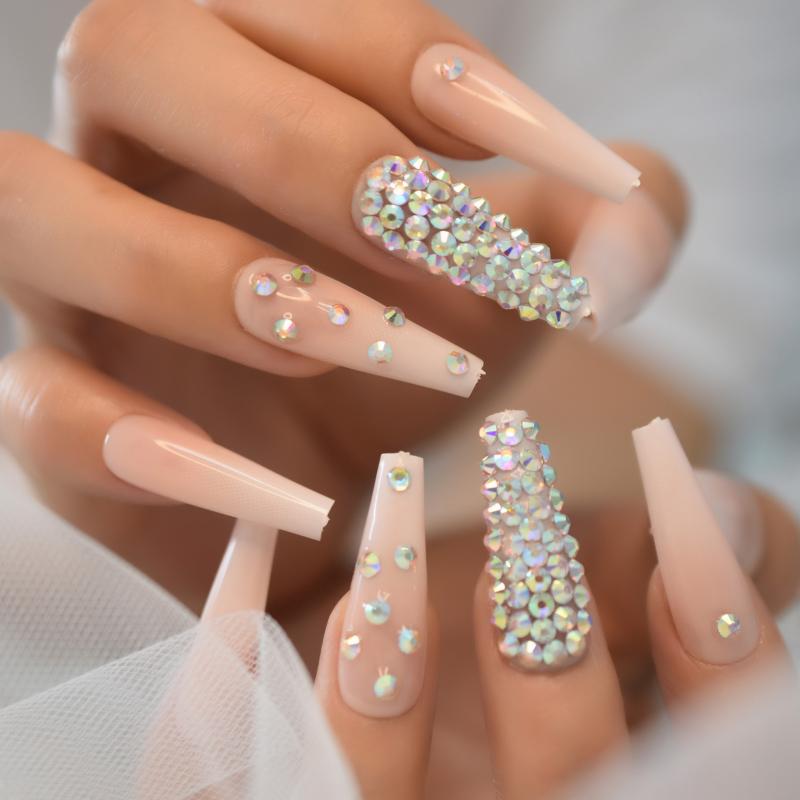 

False Nails Luxury Shiny Rhinestones Ombre Peach Nude French Coffin 3D Handemade Deco Super Long Fake Ballet Nail Reusable Wear, L5807