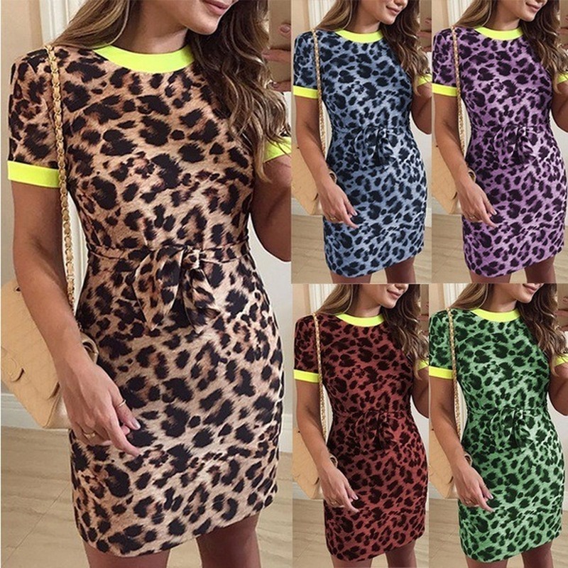 

2021 New Summer Sexy Cross Bandage Leopard Women Short Sleeve Animal Print Party Club Bodycon Mini Es J0am, Gray-blue