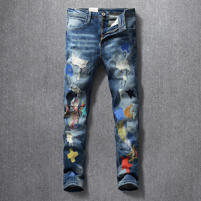 

2021 New American Streetwear Fashion Men Slim Fit Elastic Ripped Jeans Destroyed Patches Designer Hip Hop Pants Homme Punk Trousers Ag6k, Black
